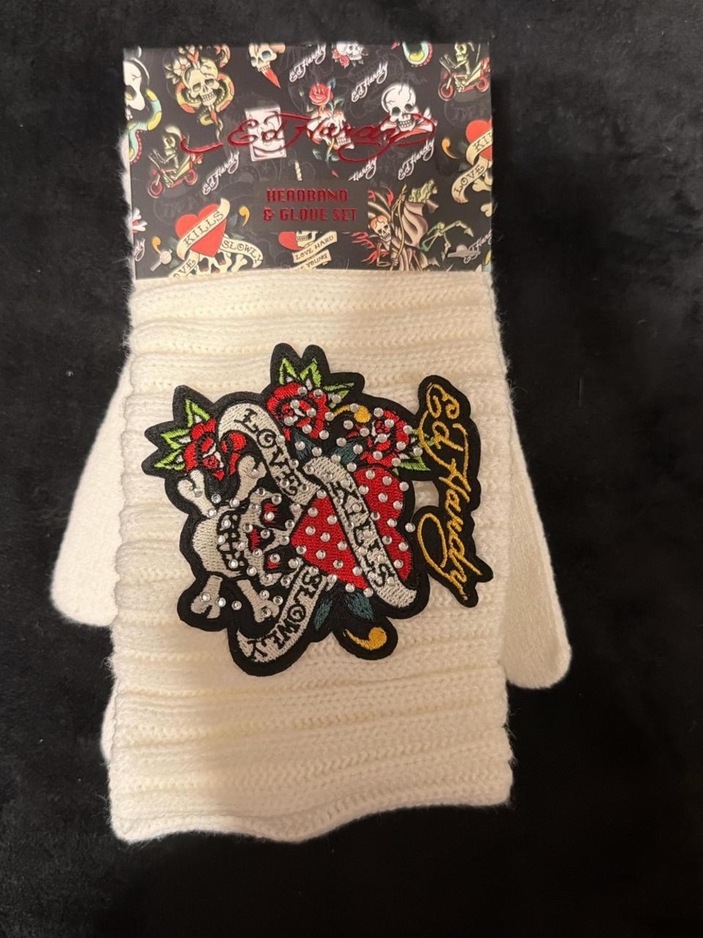 white Ed hardy gloves and headband set